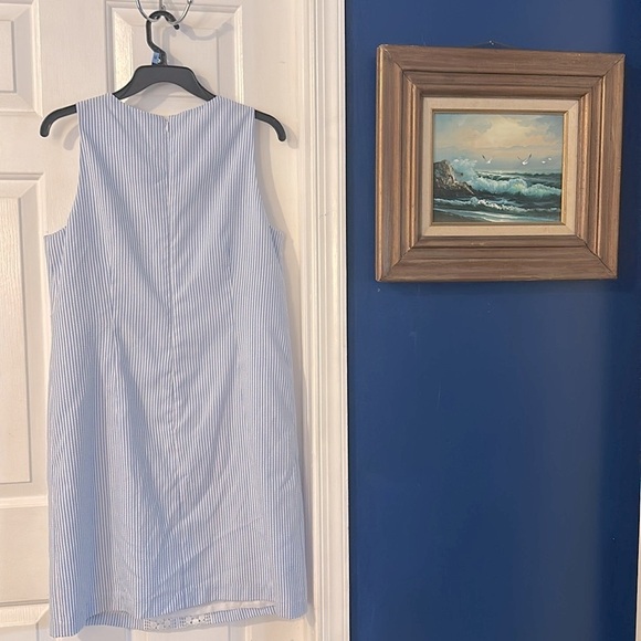 NWOT Women’s London Times Crochet Lace Panel Seersucker Stripe Shift Dress - Picture 8 of 11